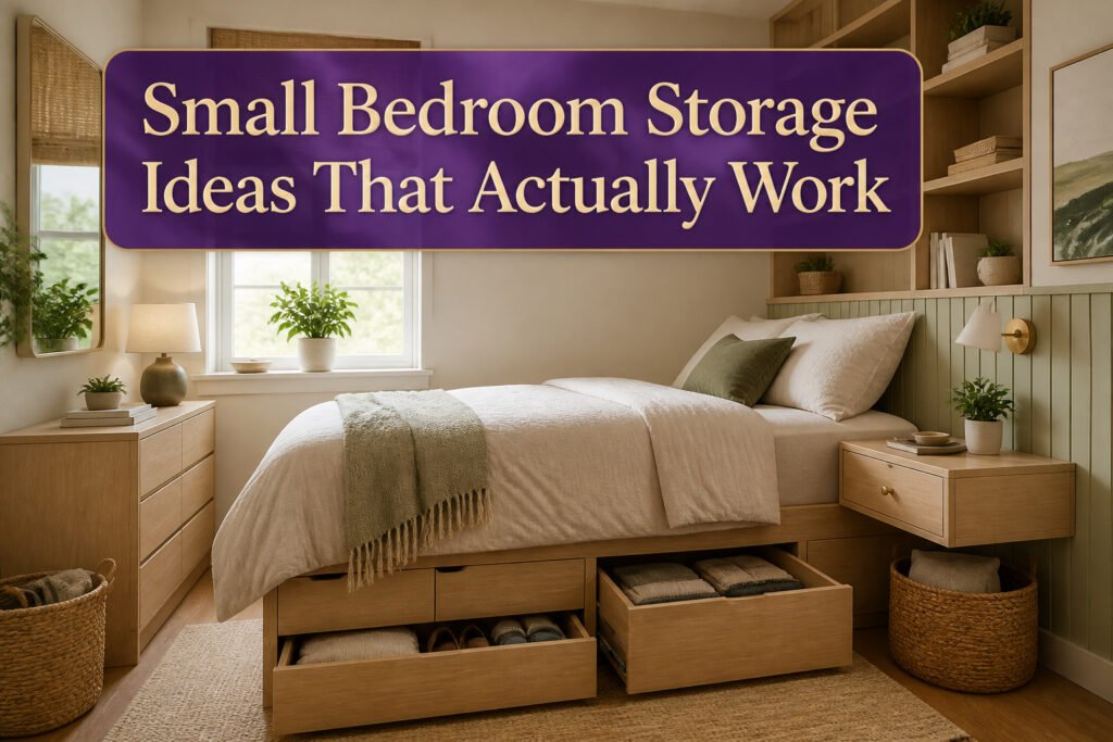 A small bedroom featuring various storage solutions and decorative items.