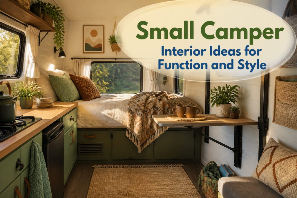 A well-designed small camper interior showcasing multi-functional furniture and cozy textiles.