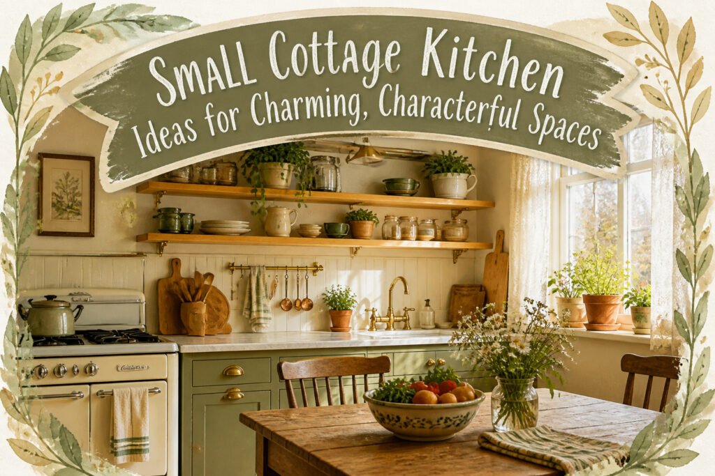 A small cottage kitchen with rustic decor and natural light.