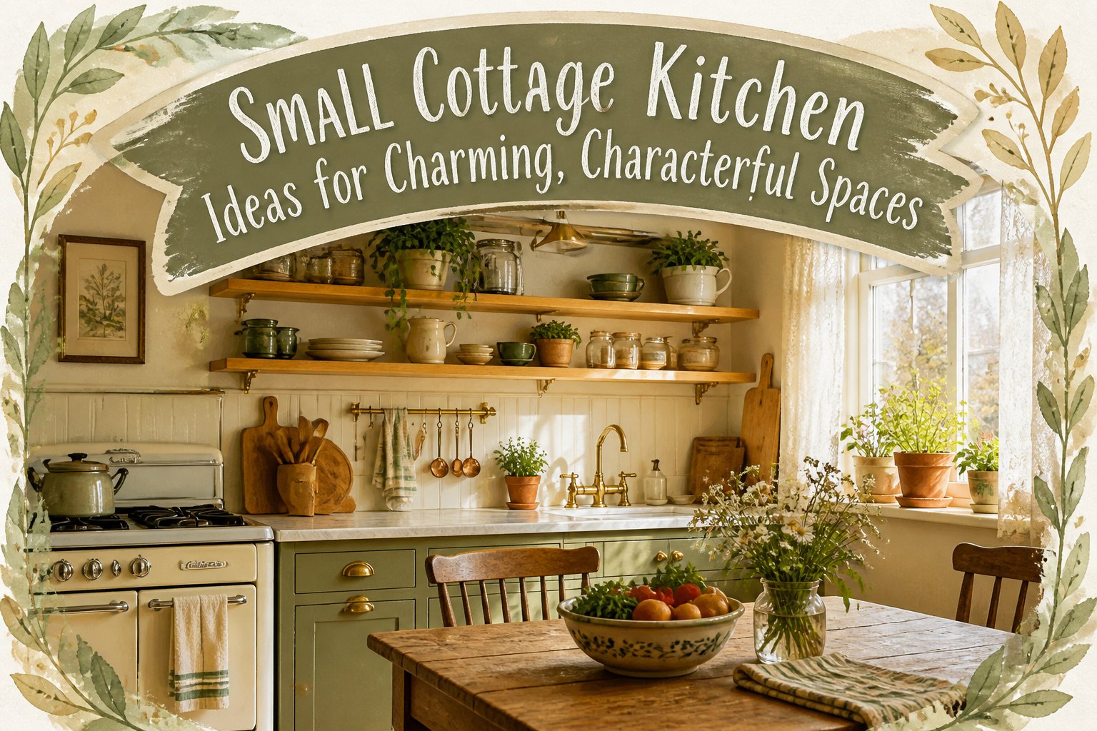 A small cottage kitchen with rustic decor and natural light.