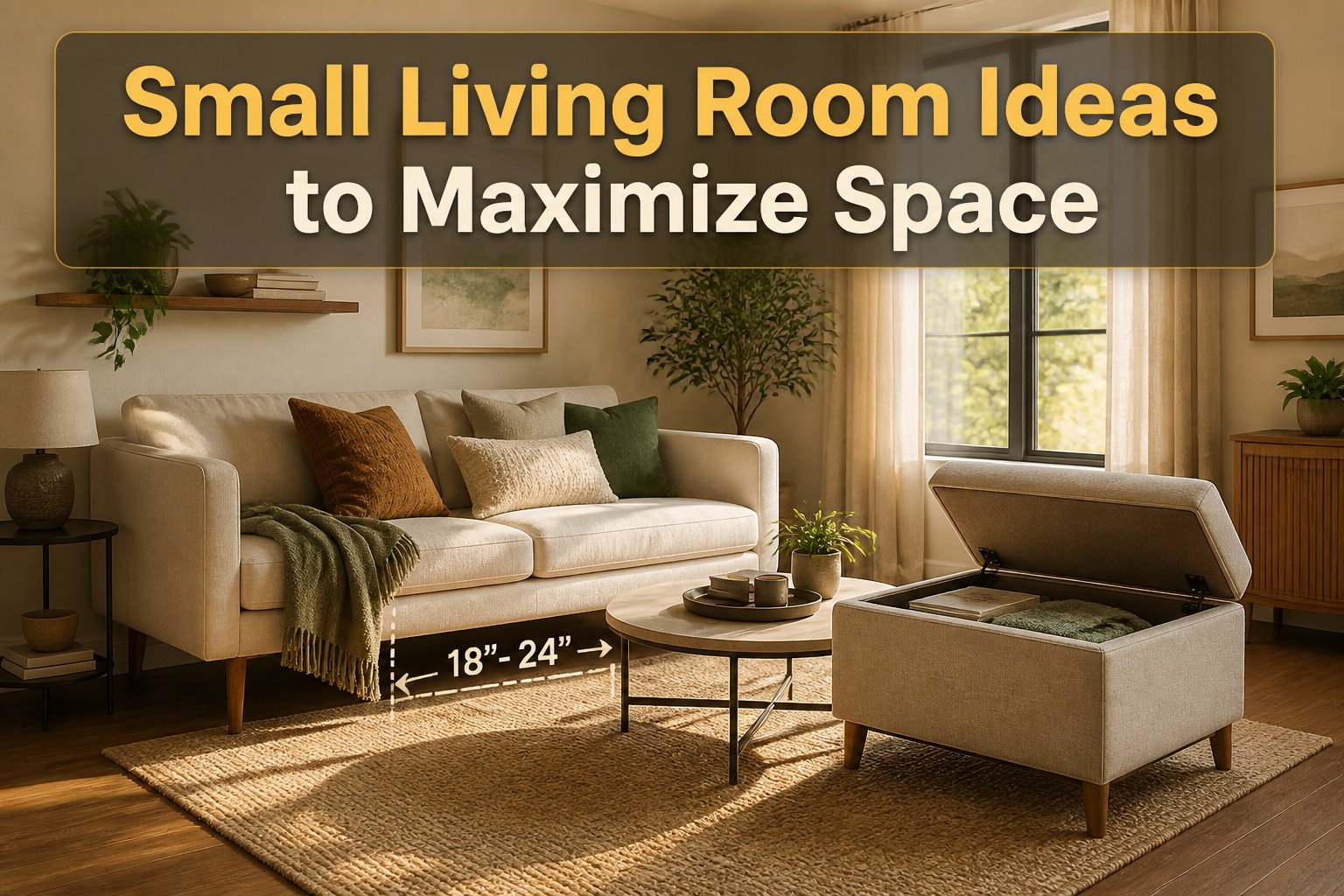 A stylish small living room featuring multi-functional furniture and light colors.