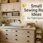 A small sewing room featuring organized shelves and a workbench.
