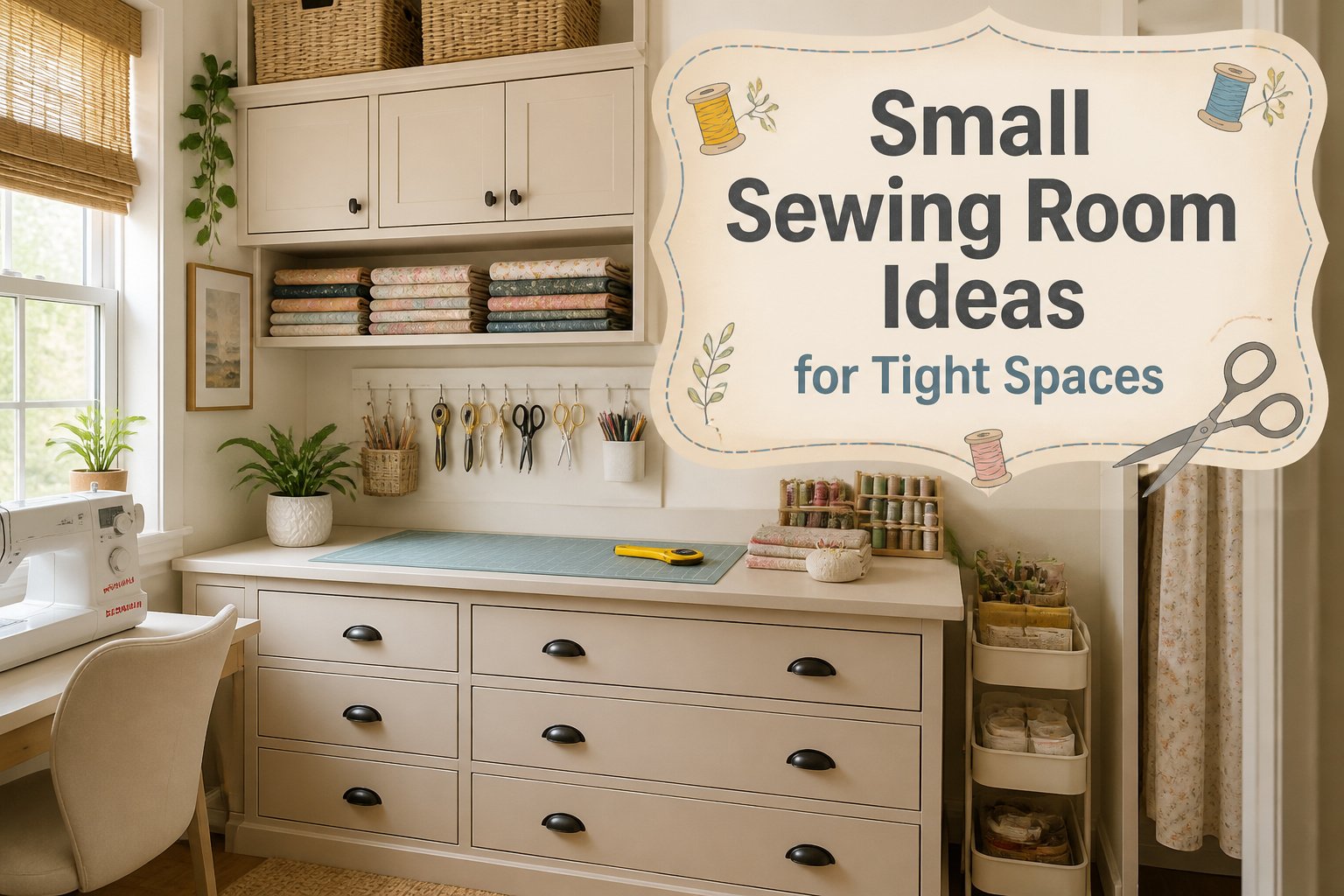 A small sewing room featuring organized shelves and a workbench.