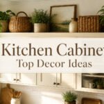 Various decorative items arranged above kitchen cabinets.