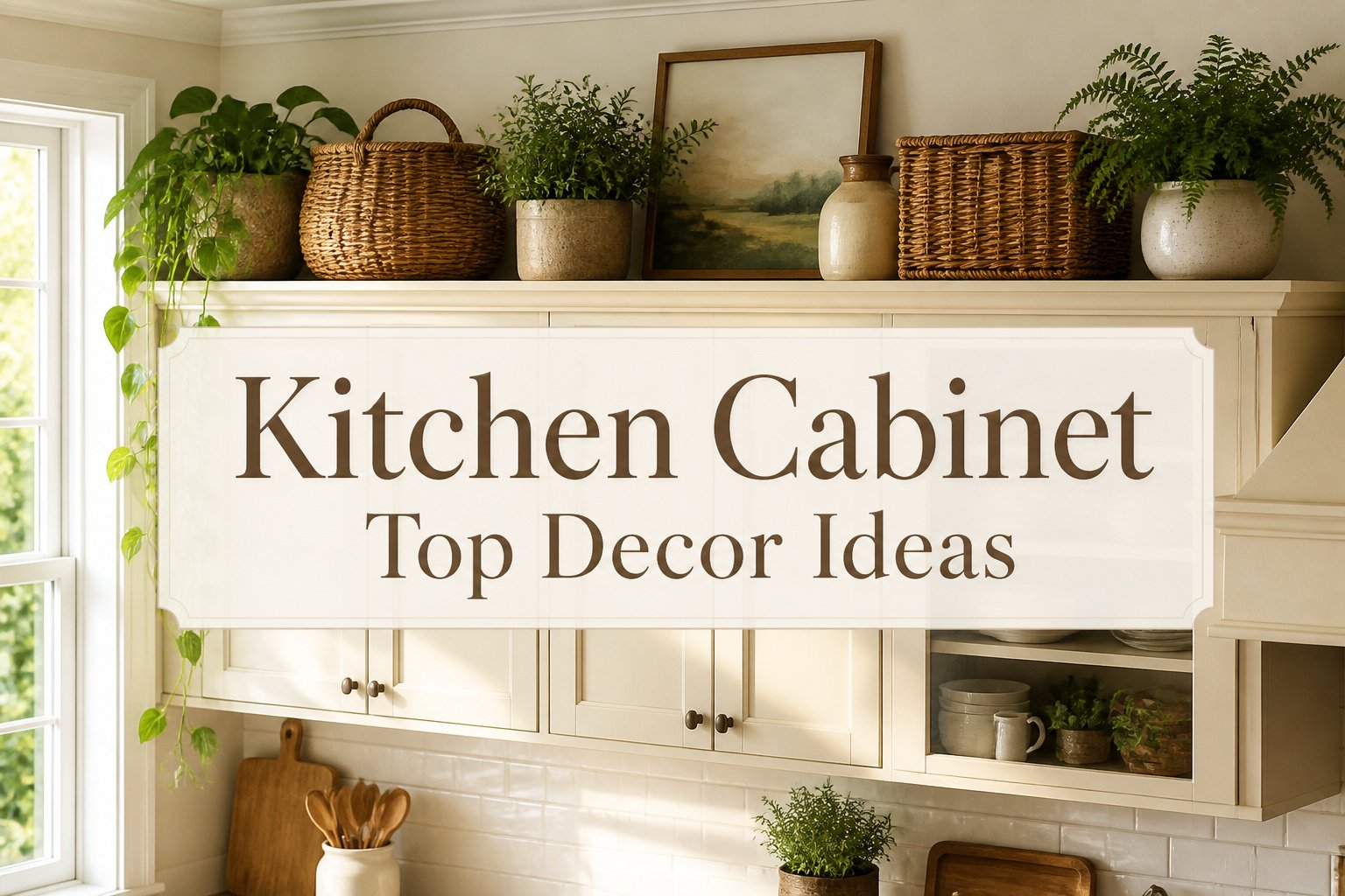 Various decorative items arranged above kitchen cabinets.