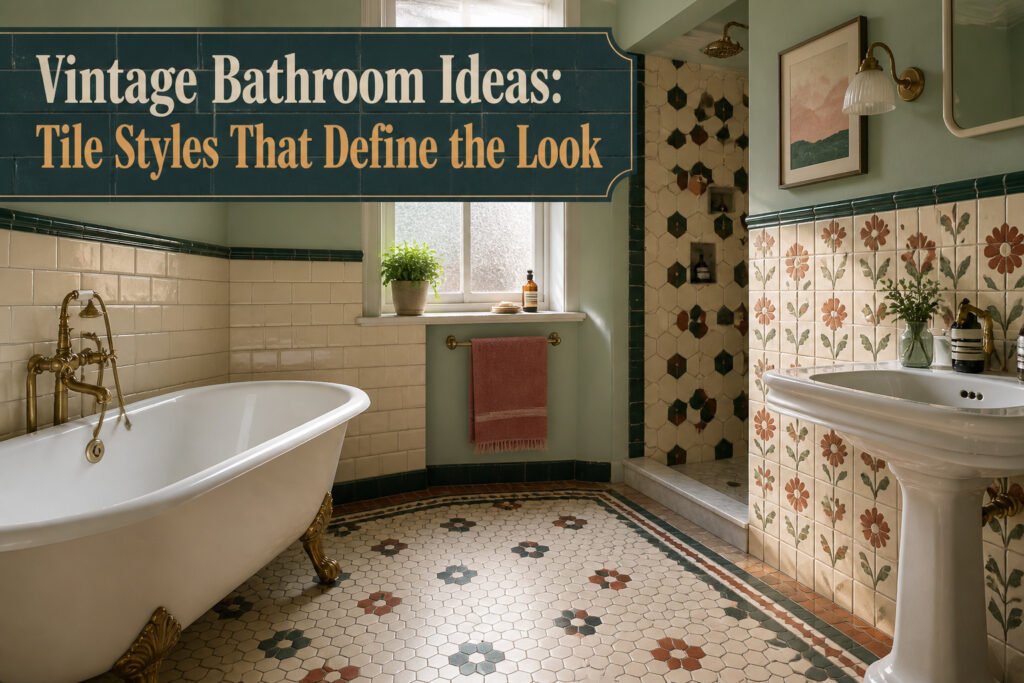 A vintage bathroom with various tile styles and classic fixtures.